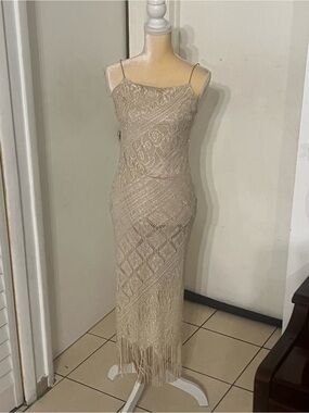 Beaded Champagne Fringe Slip Dress - Elegant Spaghetti Strap Evening Gown